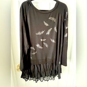 Lane Bryant, 18/20, soft black tunic with flowy ruffles and silver leaves, NWOT